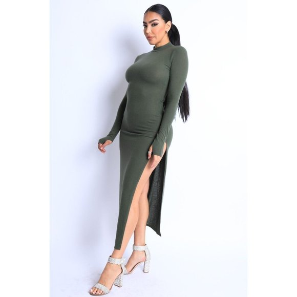Women's Hacci Mock Neck Long Sleeves Double Slits Maxi Dress Olive S M L - Picture 10 of 10